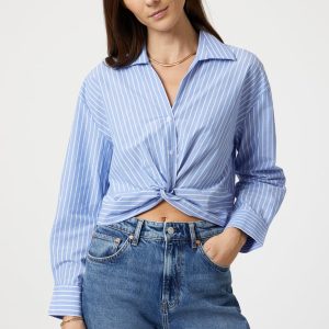 KNOT FRONT LONG SLEEVE SHIRT IN BLUE STRIPED