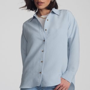 LUXE TOUCH TENCEL™ BUTTON-UP STRIPED SHIRT IN AIR BLUE STRIPE