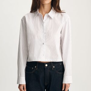 CROPPED LONG SLEEVE BUTTON-UP SHIRT IN BURGUNDY STRIPE