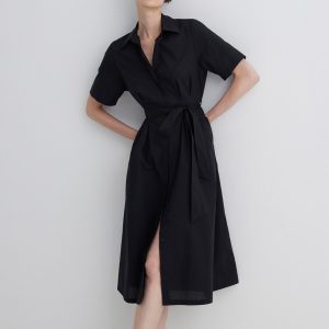 TIE-WAIST MIDI SHIRTDRESS IN BLACK