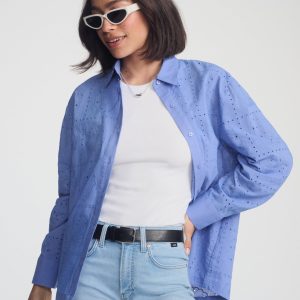 EYELET BUTTON-UP SHIRT IN PERSIAN JEWEL