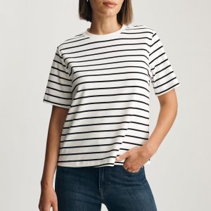 AUDREY INTERLOCK CREW NECK T-SHIRT IN BLACK WHITE STRIPE